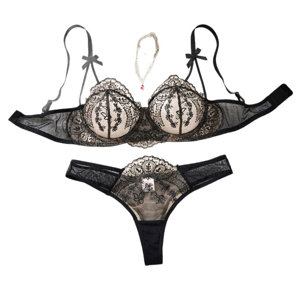 Elegant black sheer lace lingerie set featuring a delicate bra with floral embroidery and matching thong, perfect for sensual...