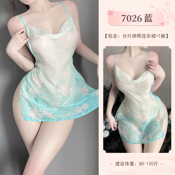 Huanqing Vintage-Inspired Lace Lingerie Set for Women – Sheer Silk-Chiffon Chinese Style Sleep Dress with Sexy Straps - Fresh Blue