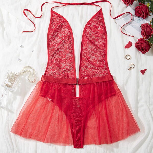 Luxury full-lace sheer bodysuit for women, featuring elegant european design with delicate lace details and soft tulle skirt,...