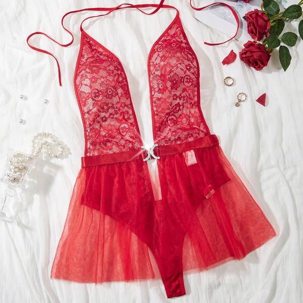 Luxury full-lace sheer bodysuit with elegant design, perfect for women seeking sexy european-style erotic lingerie set.