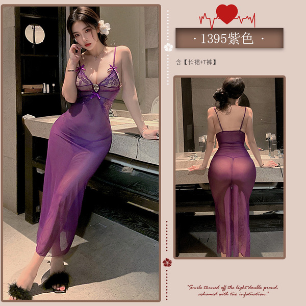 Meinaer Sexy Mesh Deep V-Neck Sleeveless Nightclub Dress - Sheer Thin Long Evening Gown for Women - ◆A Delicate Woman's Fragrance◆ Purple [Nightgown + T-shirt]