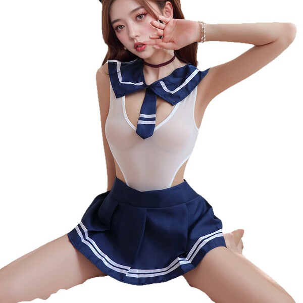 Sexy womens role play costume featuring a navy blue sailor suit with white trim, including a top and skirt set.