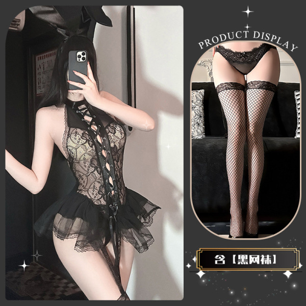Golden Night Sexy Bunny Girl Lingerie Set – Seductive Pure-Delight Women's Erotic Underwear - Cunning Rabbit's Den * Black + Black Fishnet Stockings