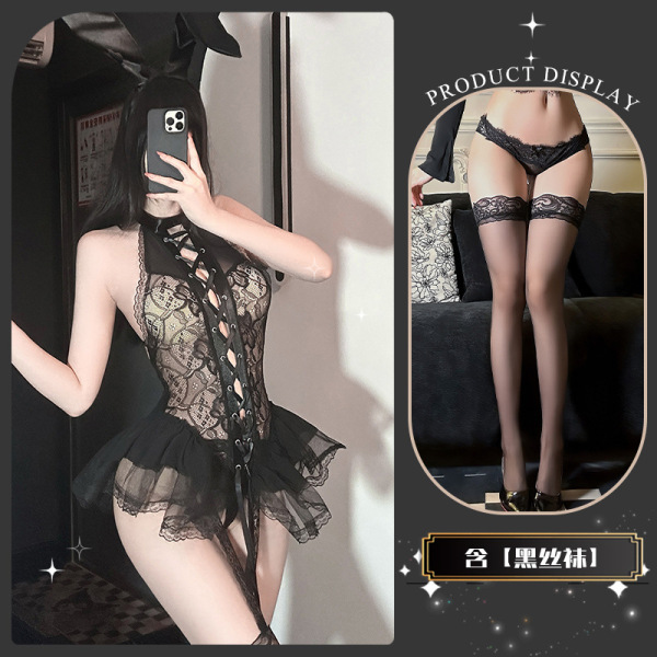 Golden Night Sexy Bunny Girl Lingerie Set – Seductive Pure-Delight Women's Erotic Underwear - Cunning Rabbit's Den * Black + Black Stockings