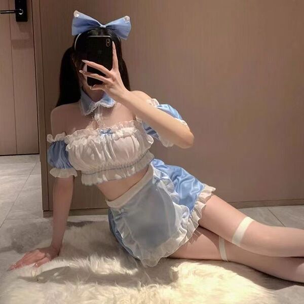 Cute Maid Costume for Women - Flirty Lolita Cosplay Dress with Sheer Chiffon & Ruffled Sleeves - Playful Maid Outfit [Headband + Bandeau Top + Skirt + Apron + Thong + Bracelet_2]