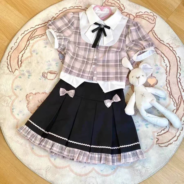 Girls summer short sleeve shirt & pleated skirt set - preppy school style outfit for toddlers & kids, featuring plaid pattern...