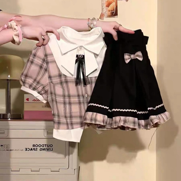 Girls summer short sleeve shirt & pleated skirt set - preppy school style outfit for toddlers & kids, featuring plaid pattern...