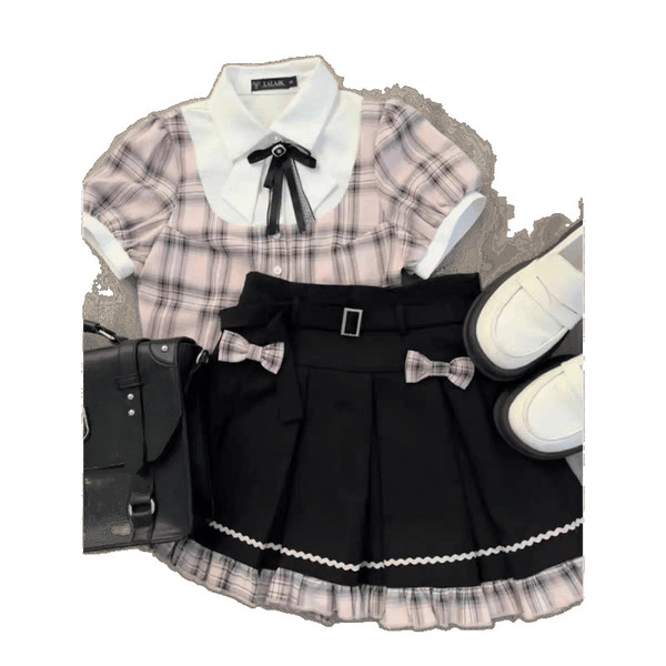 Girls summer short sleeve shirt & pleated skirt set - preppy school style outfit for toddlers & kids, featuring plaid pattern...