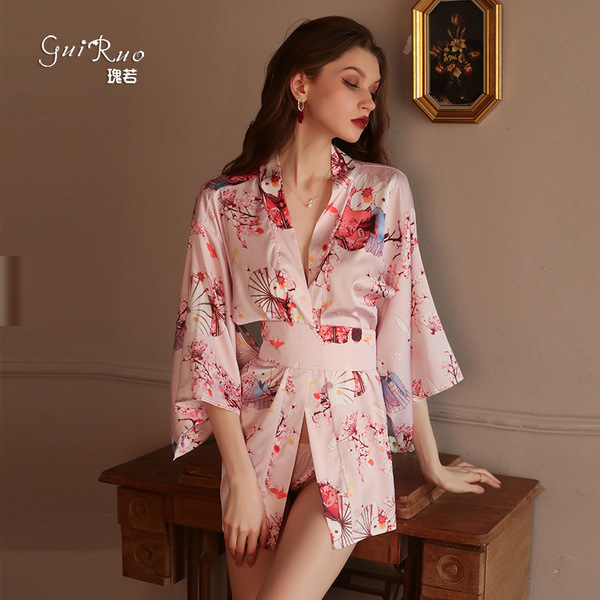 Glorious sensual lingerie set - low-cut seductive kimono-style waist-slimming sleepwear outfit featuring elegant floral patte...