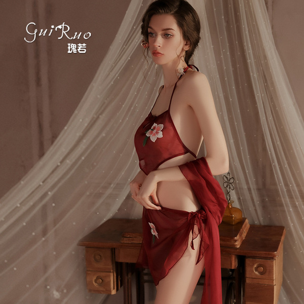 Glorious sensual summer lingerie set featuring sheer hanfu-inspired design with floral accents, perfect for elegant evening w...