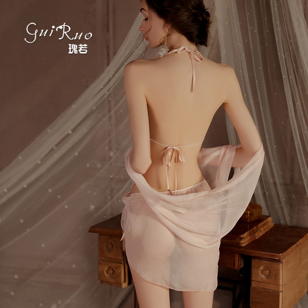 Glorious sensual summer lingerie set featuring sheer hanfu-inspired bodysuit, shorts, and shawl, perfect for elegant summer v...