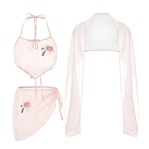 Glorious sensual summer lingerie set featuring sheer hanfu-inspired bodysuit, shorts, and shawl with floral embroidery.