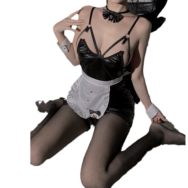 Glossy anime maid costume featuring a sexy bunny girl design with sheer chest detail and pvc style uniform.
