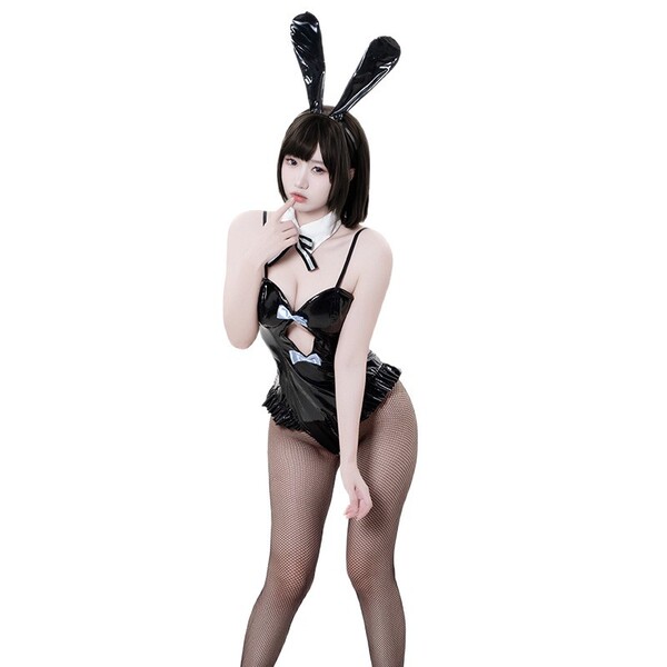 Glossy pu bunny girl costume - sexy leather-look bodysuit with open-crotch design for role play & cosplay