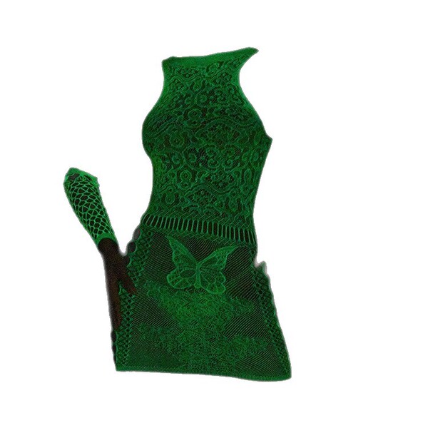 Glow-in-the-dark green mesh two-piece dress set with butterfly detail, sexy uv-reactive lingerie and swimwear, no-remove desi...
