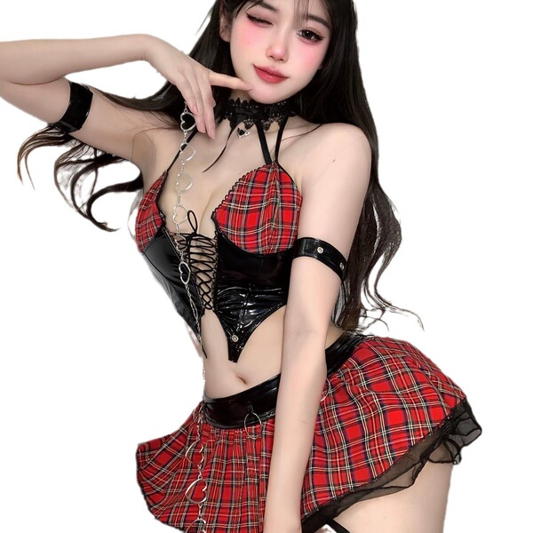 Glowing cloud cosplay lingerie featuring a plaid design with black accents, perfect for anime-inspired devil costumes.