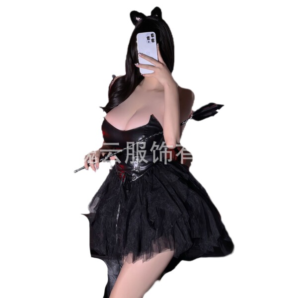 Glowing cloud dark fantasy lingerie dress featuring pvc leather accents, sexy devil cosplay outfit with adjustable straps.