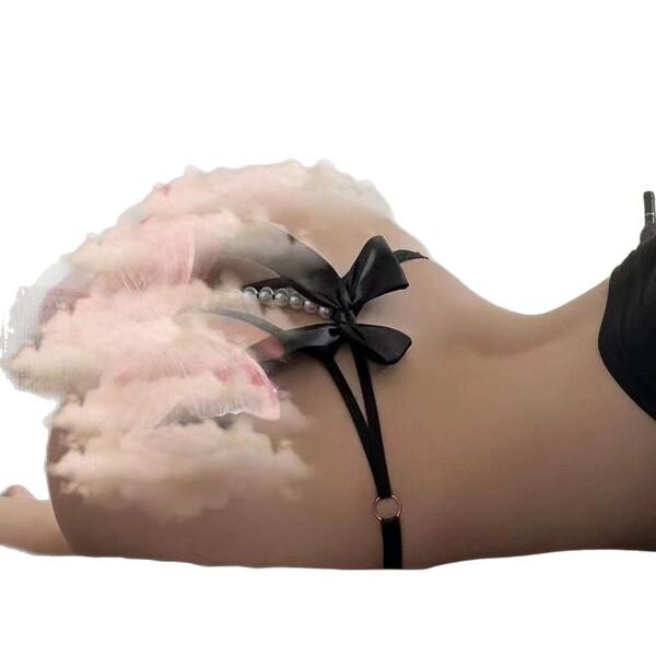 Glowing cloud lace thong with sexy pearl embellishment, sheer design, open-crotch style for women, sultry and alluring look.