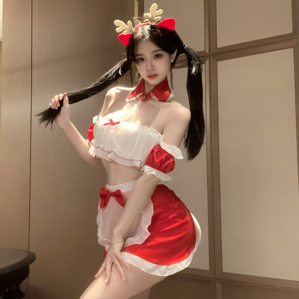 Sexy christmas outfit featuring a glowing cloud design, naughty maid costume with a butt-cutout and strapless style.