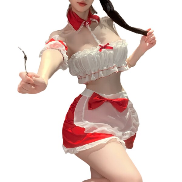 Sexy maid costume with red accents, featuring a bustier top and skirt, perfect for festive outfits or naughty themed events.