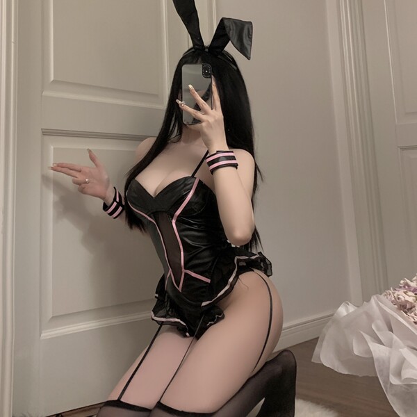 Glowing cloud sexy bunny girl bodysuit - seductive vinyl uniform set for lingerie & sleepwear, featuring black leather with p...