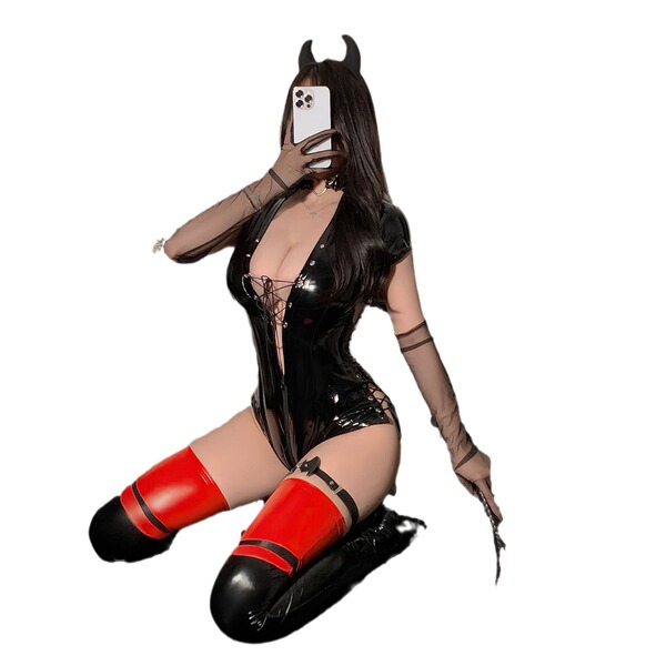 Glowing cloud sexy devil bodysuit - patent leather sheer lingerie set for passionate nights