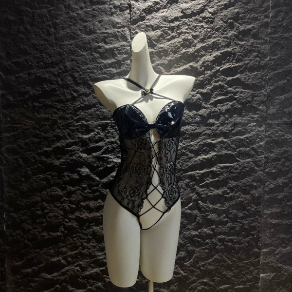 Glowing cloud sexy open-crotch leather bodysuit for women – cross-tie latex-look lace bodysuit with bell charm