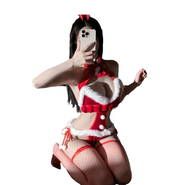 Glowing cloud velvet christmas lingerie nightgown - sexy open-crotch holiday costume outfit featuring festive red and white d...