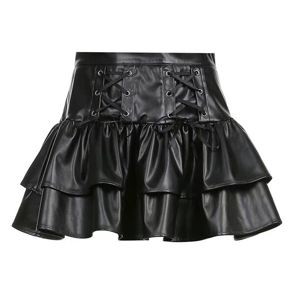 Glowing dark chic high-waisted ruffle leather skirt for women – sexy a-line bodycon midi skirt with tie waist & pleated
