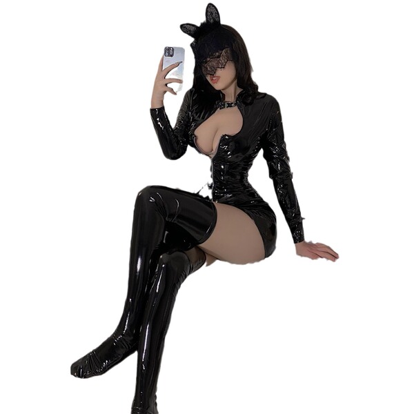 Sexy black catsuit with glossy pu leather, high-elastic zipper design, perfect for nightclub performances.