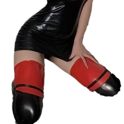Glowing pu leather over-the-knee socks with thigh-high design, perfect for anime cosplay, featuring bold red accents and shin...