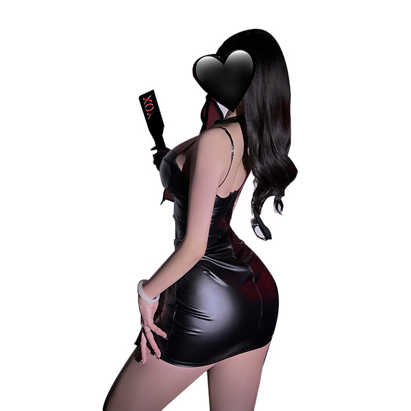 Sexy nightwear featuring a glossy black heart design on a low-cut bodycon mini dress made from pu leather, perfect for club p...
