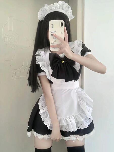 Japanese Cute Lolita Bunny Girl Cosplay Dress - Black & White Maid Outfit with Ruffled Skirt - Gold bell style + black stockings
