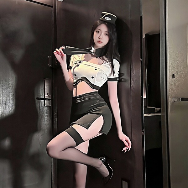 Woman modeling golden night air hostess uniform lingerie, a seductive police-themed sexy outfit with no-remove design.