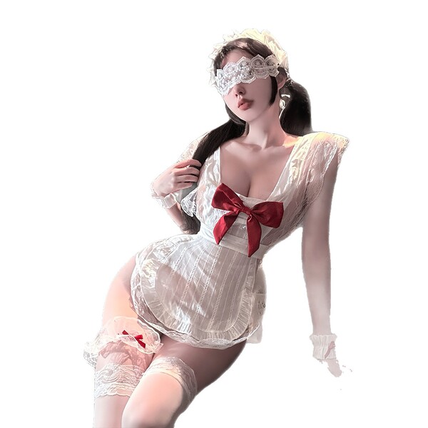 Golden night bowknot maid lingerie dress - sweet & sensual sheer bust corset style erotic outfit featuring lace details and a...