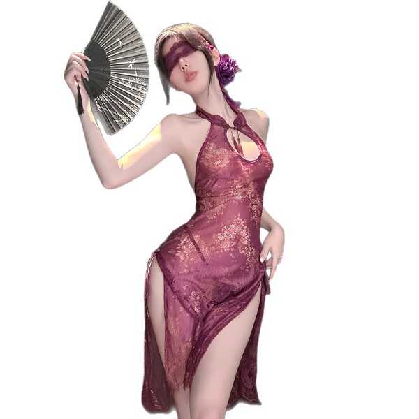 Woman in golden night lace temptation lingerie, elegant split qipao style seductive underwear with fan.
