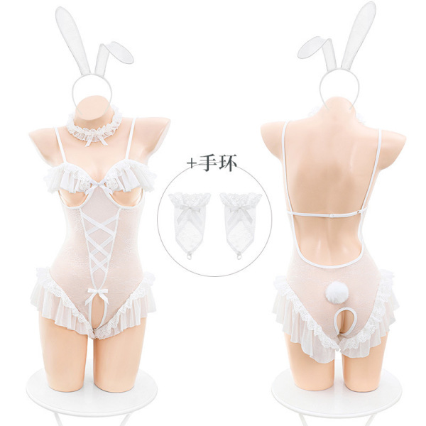 White lace bunny costume with open-crotch design, featuring ruffled trim, bow accents, and matching wrist cuffs for a seducti...