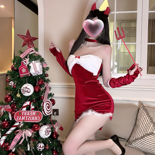 Sexy christmas lingerie dress set - minimalist style, featuring a red velvet dress with white fur trim and devil horns, per...