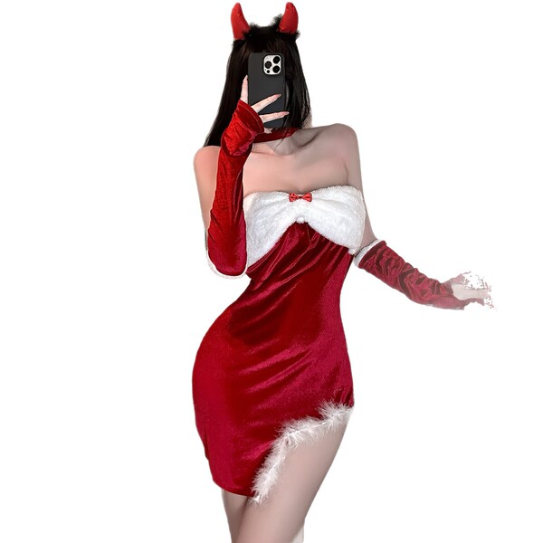 Sexy christmas lingerie dress set - minimalist style new year outfit for women, featuring red velvet with white fur accents...