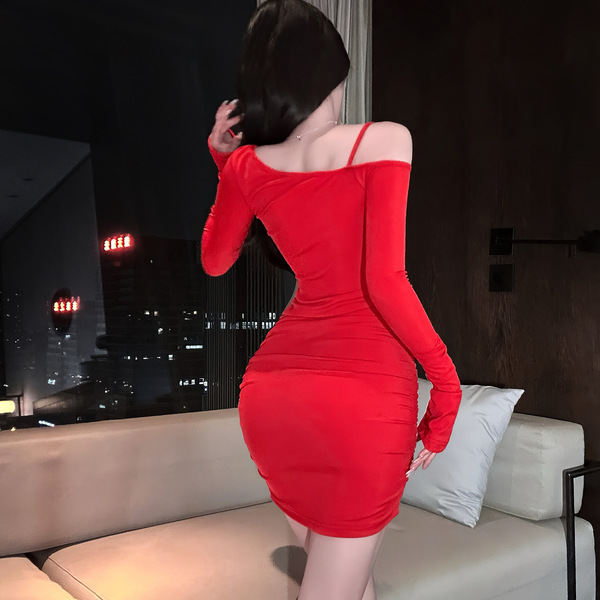 Vibrant red off-shoulder bodycon party dress featuring side waist drawstring, perfect lady style.
