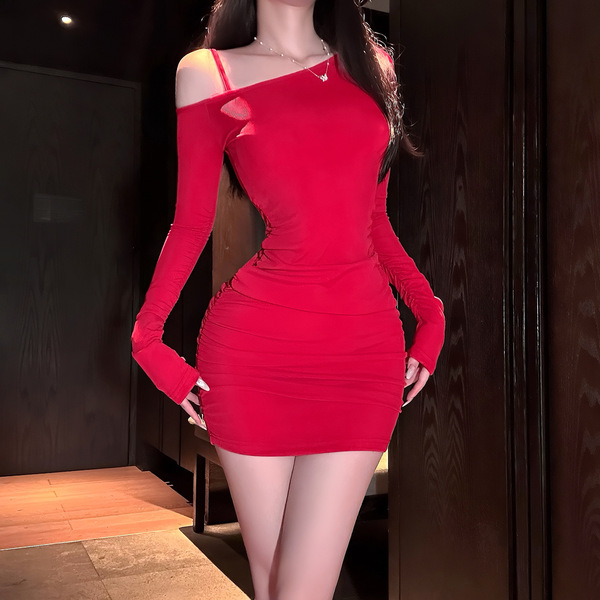 Vibrant red off-shoulder bodycon party dress featuring side waist drawstring, perfect lady style.