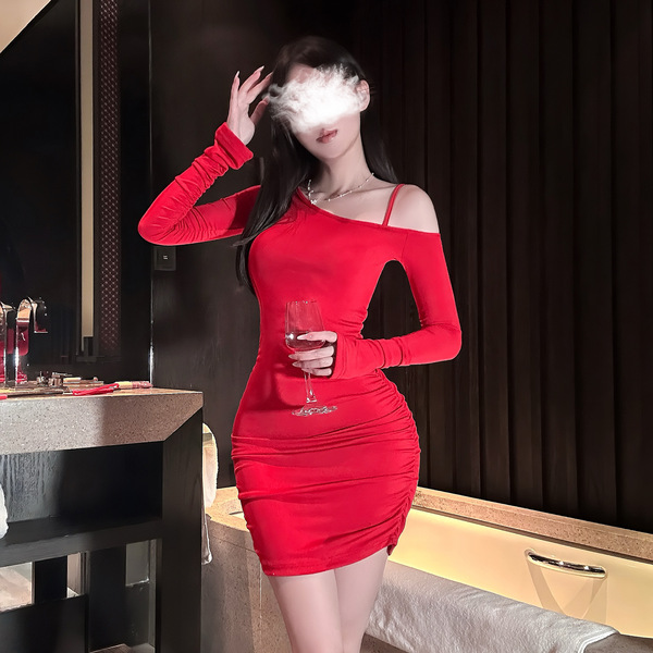 Elegant red off-shoulder bodycon dress with side waist drawstring, perfect for party wear. vibrant design highlights lady sty...