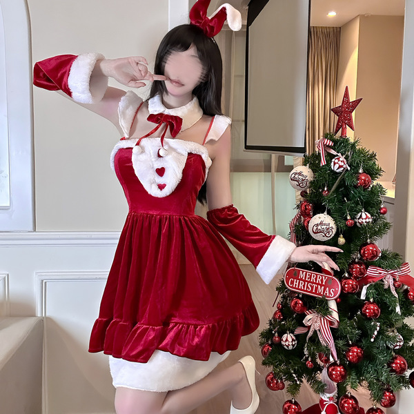 Sexy red dress with bunny ears, perfect for christmas, halloween, and new year costumes. ideal for festive occasions.