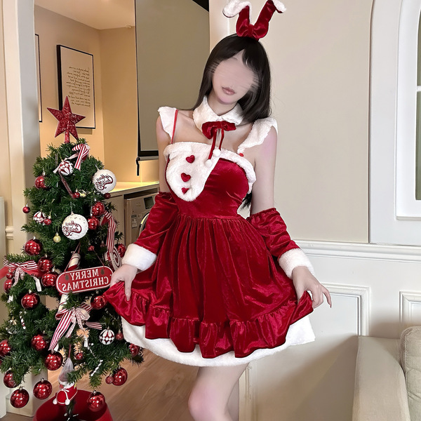 Sexy red dress with bunny ears, perfect for christmas, halloween, and new year costumes. ideal for festive occasions.