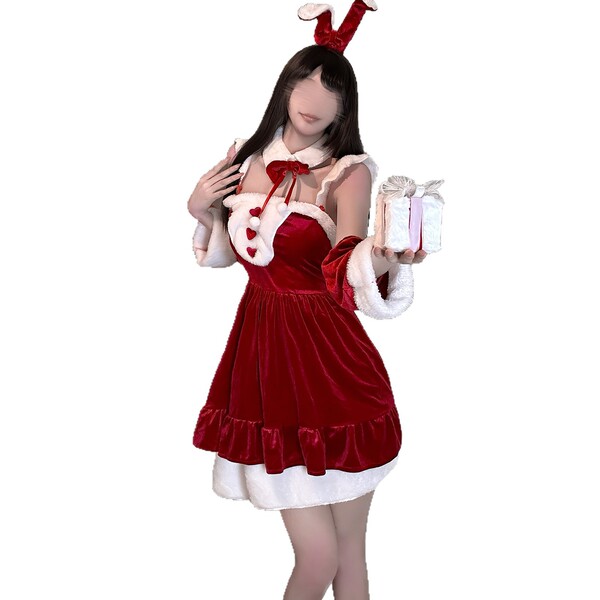 Sexy red dress with bunny ears and gift box, perfect for christmas, halloween, and new year costumes.