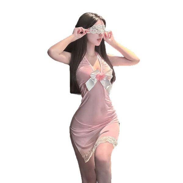 A woman wearing a pink golden night sweet neckline lingerie set, featuring a sensual butterfly design and sheer cup detail, p...