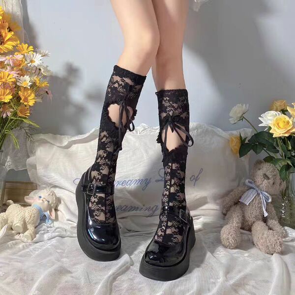 Gorgeous cloud lace tie-up black calf socks - heart-shaped drawstring mid-calf stockings, sensual & pure-chic