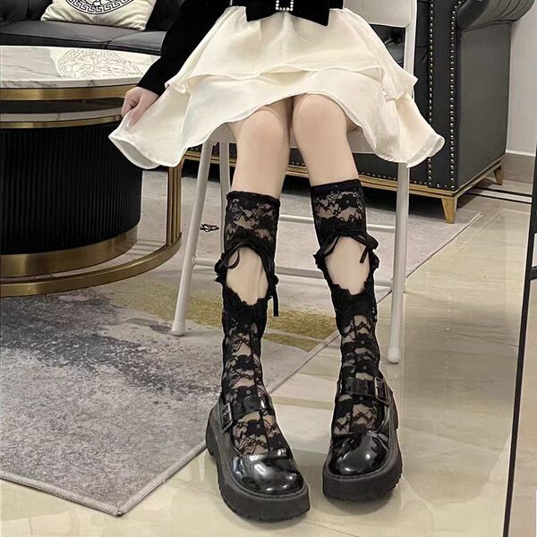 Gorgeous cloud lace tie-up black calf socks - heart-shaped drawstring mid-calf stockings, sensual & pure-chic