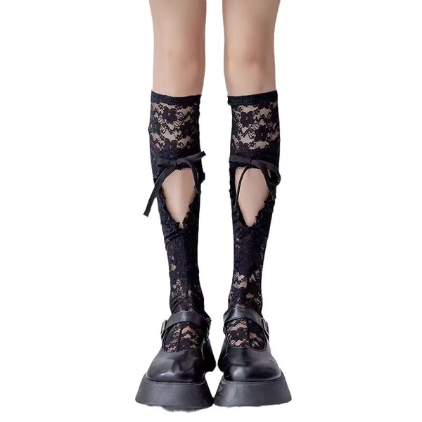 Gorgeous cloud lace tie-up black calf socks - heart-shaped drawstring mid-calf stockings, sensual & pure-chic