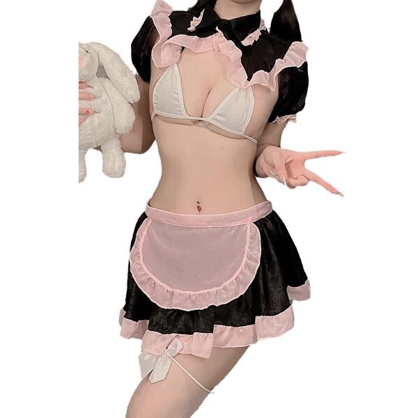 Sexy maid costume with semi-sheer chiffon design, cute and alluring look featuring ruffled details and playful accessories.